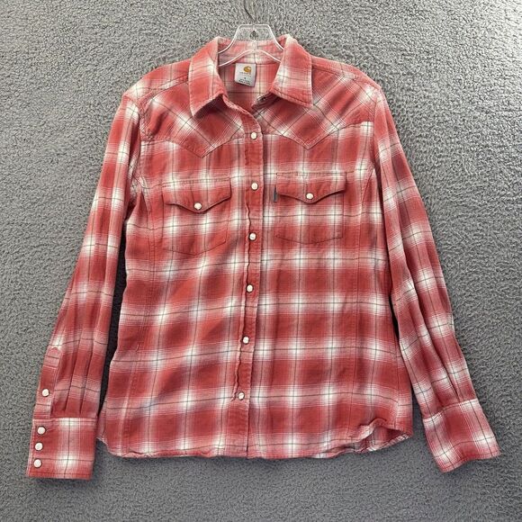 Carhartt Pearl Snap Button Up Plaid Flannel Shirt Western‎ Rodeo Cowgirl Women S - Picture 1 of 8